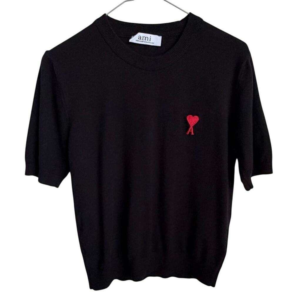 ami by alexandre mattiussi Short Sleeve Sweater with Ami de Coeur Black Kids